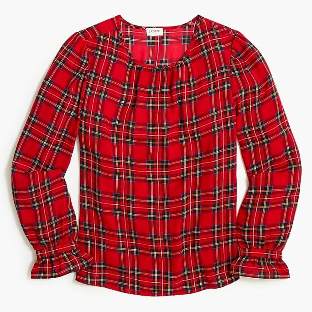 J. Crew Tartan button-neck top with ruffles